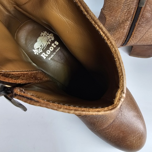 Roots Ankle Booties Women 8 38 Brown Tan Side Zip Boho Block Heel Pebbled Italy - Picture 10 of 11